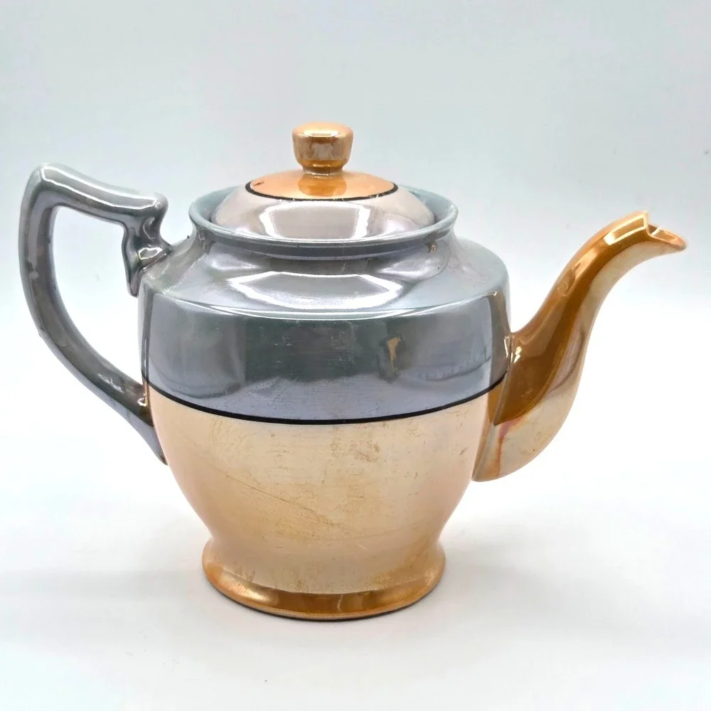 Japanese Lusterware Porcelain‎ Teapot Metallic Copper & Silver Gray Hand Painted